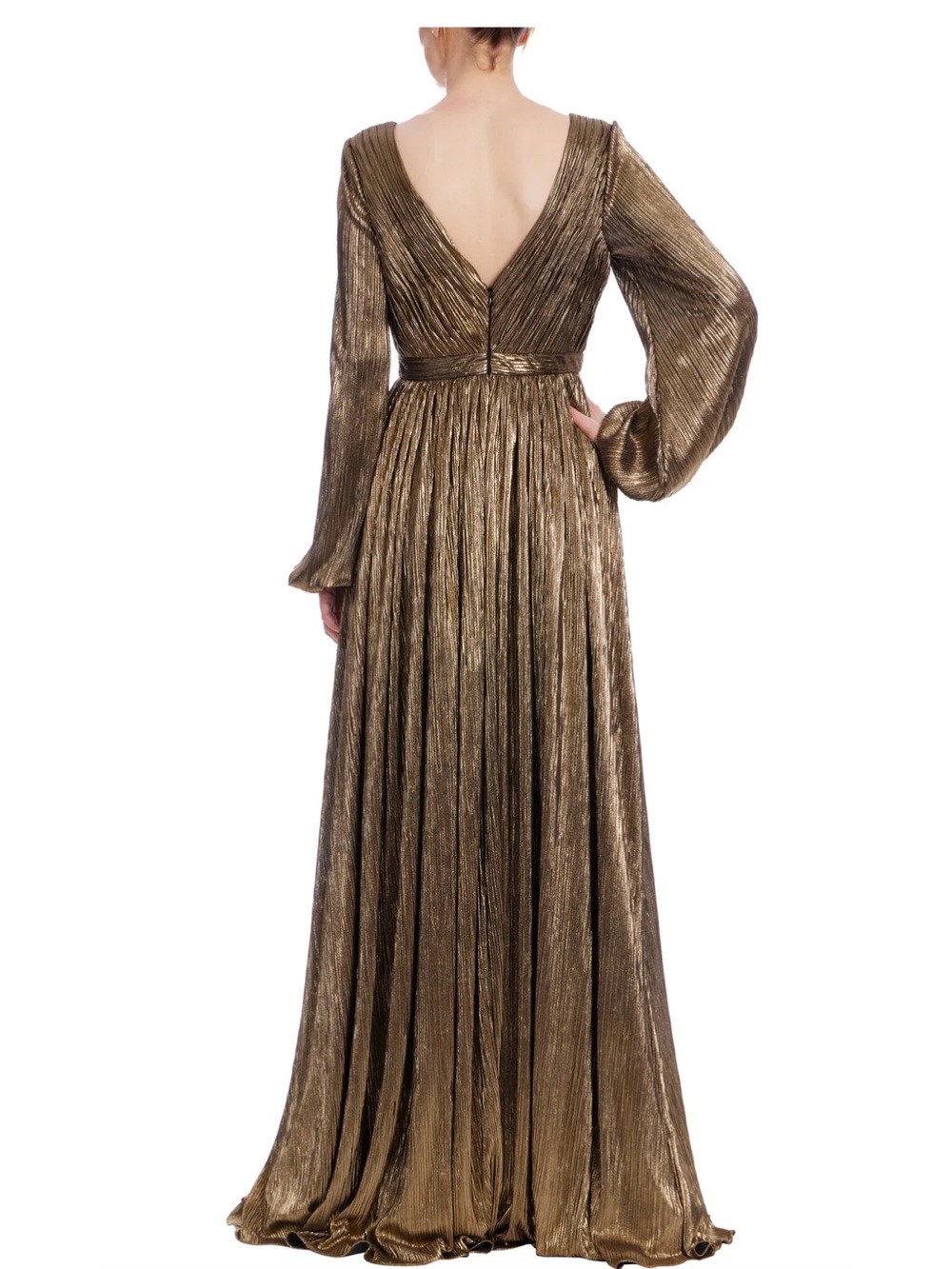 Badgley Mischka Elegant Long Sleeve Metallic Brown Maxi Dress - Picture 2 of 6